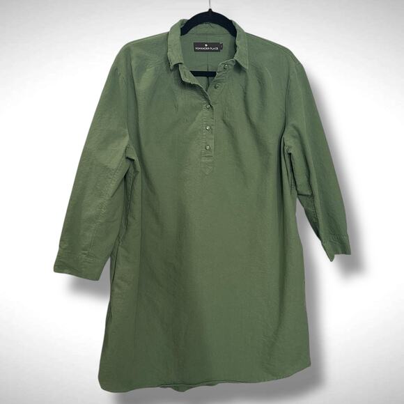 Pomander Place Size L Polly Button Neck Popover Shirt Dress Sage Green Cotton - Picture 3 of 11